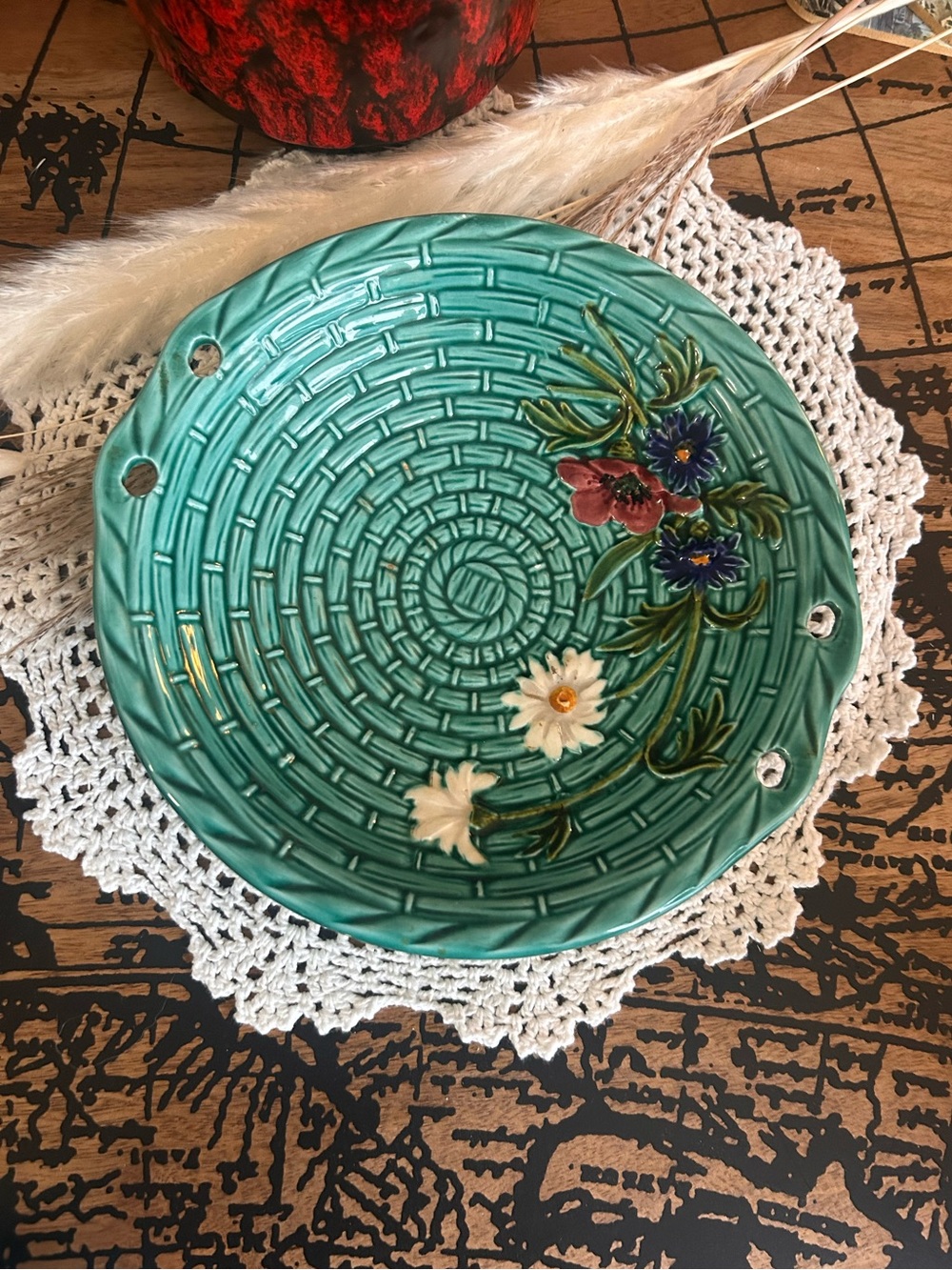 Vintage SMF Schramberg Majolica Floral Wall Plate Turquoise Basketweave – German